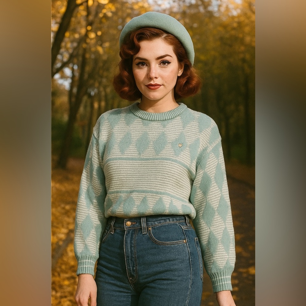 Vintage-Inspired Mint Green Patterned Women's Sweater
